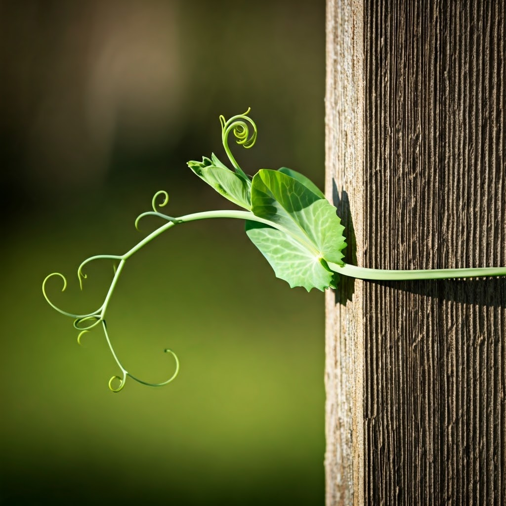 Climbing pea vine wrapping its tendrils around a wooden trellis, illustrating touch-sensitive curling