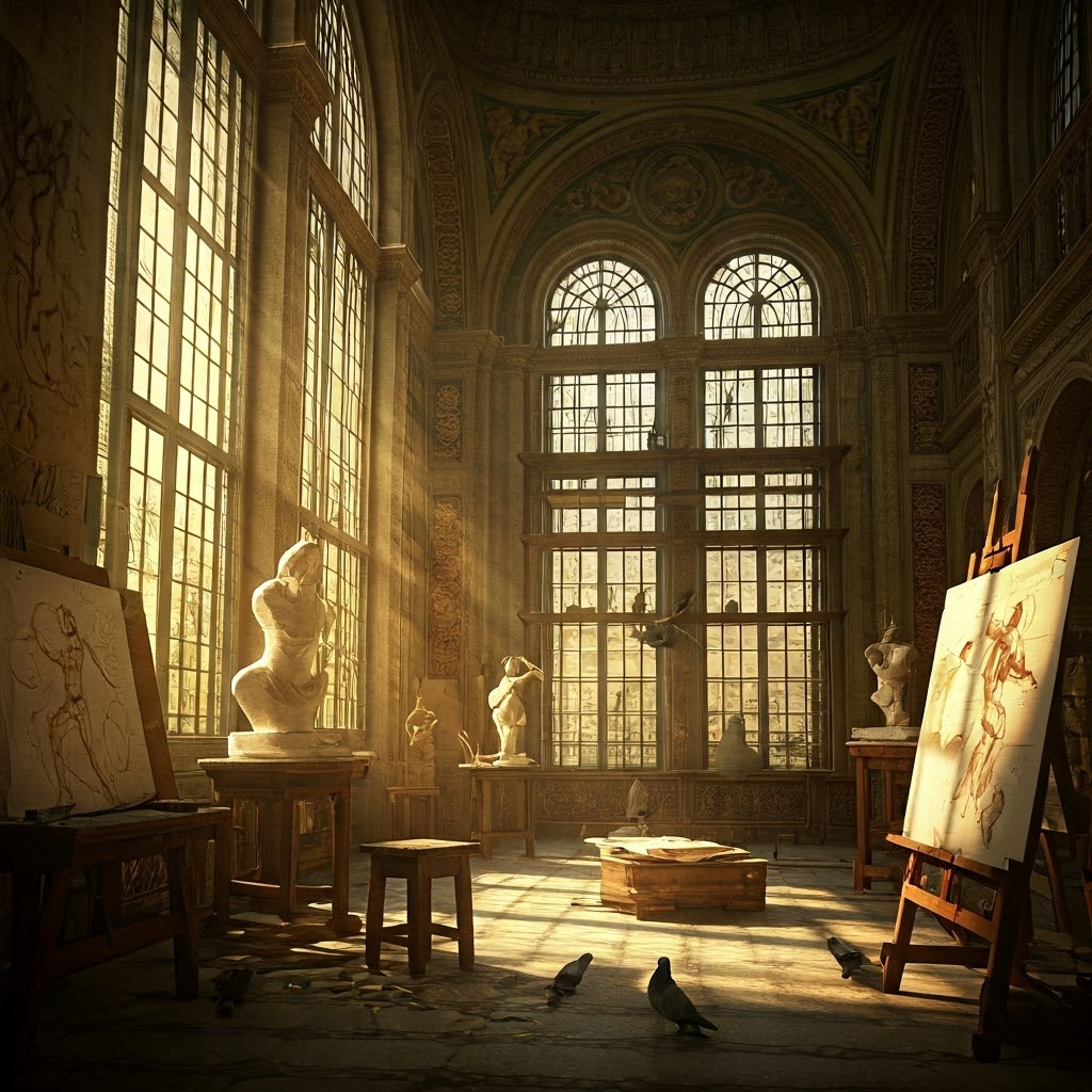 Grand Renaissance studio flooded with sunlight where artists sketch moving figures, mix pigments, and study geometry