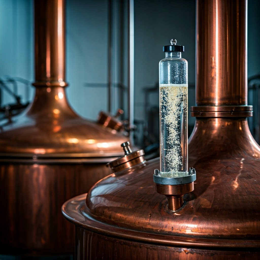 Industrial microbrewery with copper fermenters and CO₂ bubbles, emphasizing ethanol fermentation