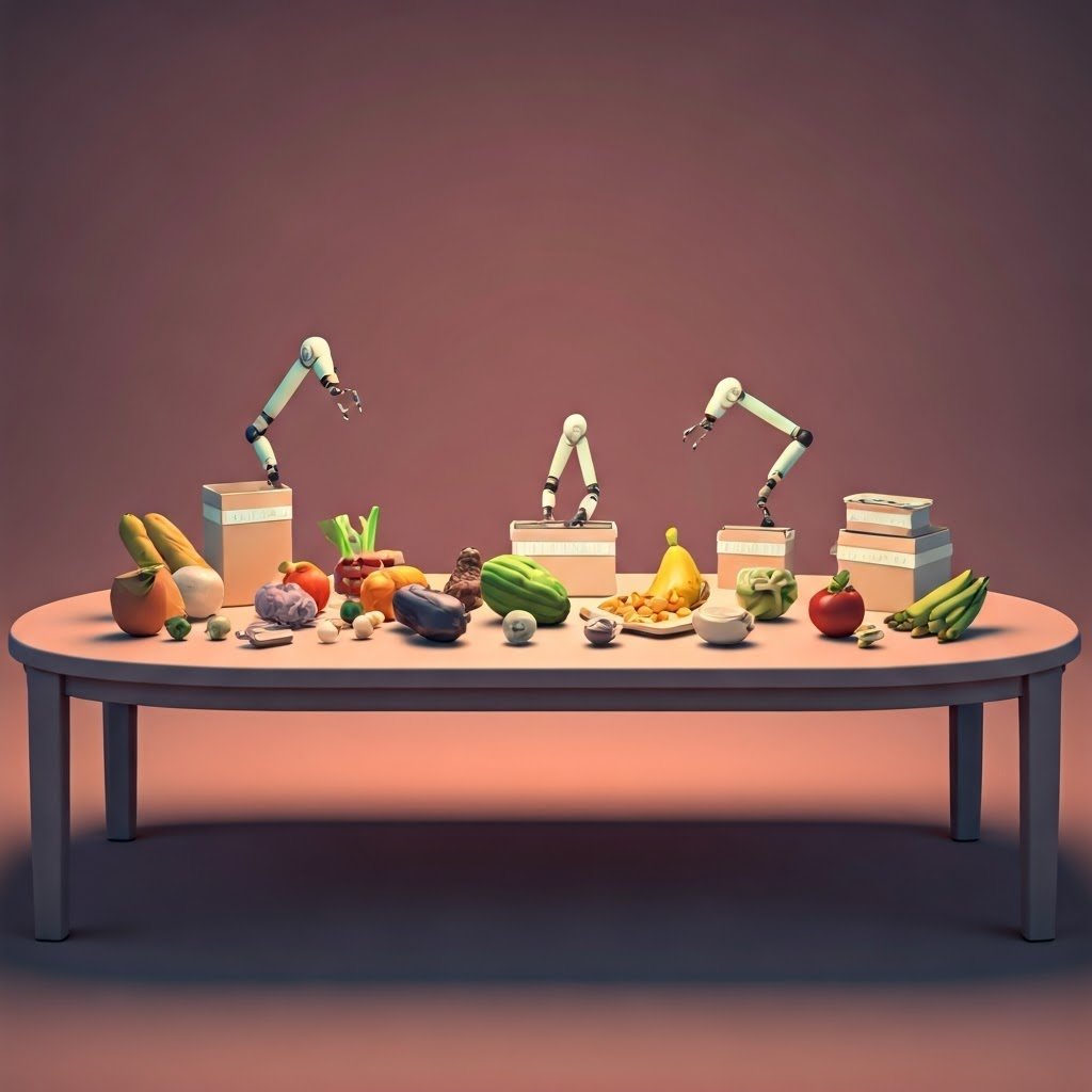 Kitchen table of groceries sorted by tiny glowing robots into labeled boxes representing memory storage