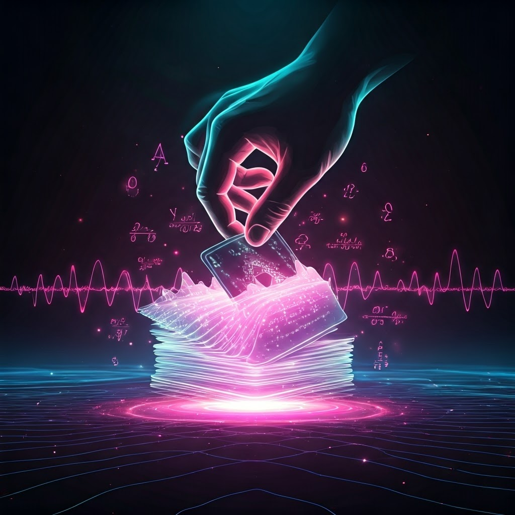 Hand draws a glowing card from a deck of light, capturing the randomness of quantum results.