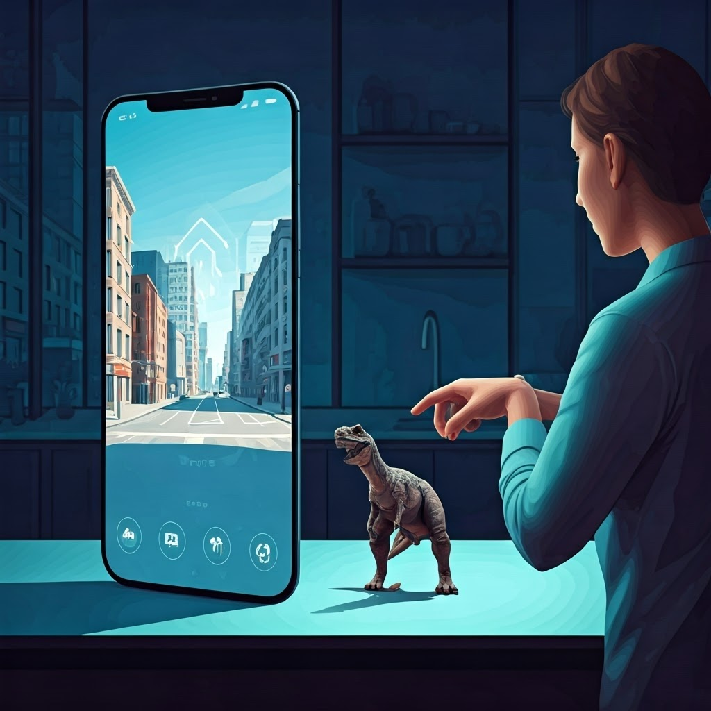 Minimalist vector of a phone overlaying arrows on a street and a kitchen AR dinosaur, illustrating everyday uses of AR