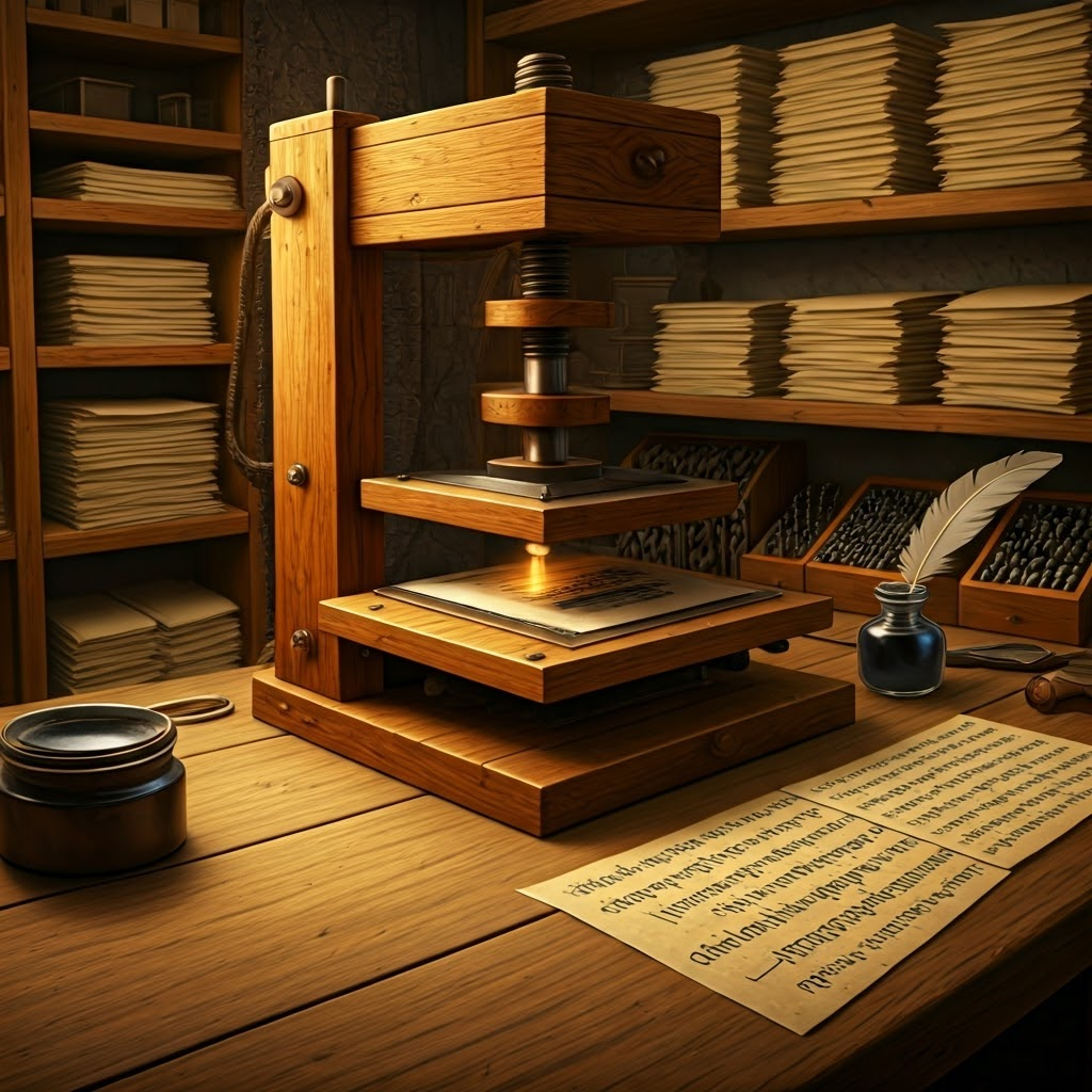 European press applying oil-based ink to metal type while a craftsman inspects texture
