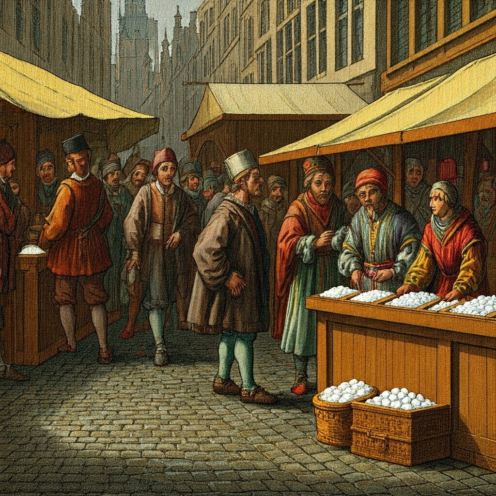 Market square scene where German, Venetian, and Moroccan traders swap pepper, cloth, and sugar on wet cobblestones
