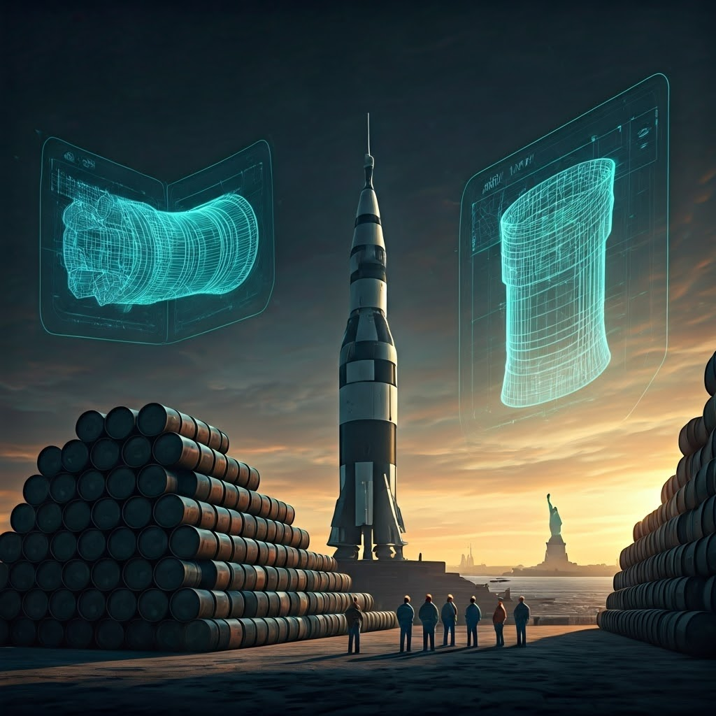 A Saturn V stands beside a vast stack of empty fuel drums while distant engineers look on, the Statue of Liberty small on the horizon under fading light