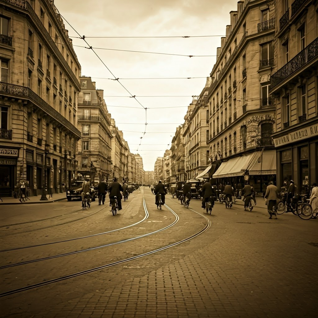 Mid-20th-century street with streetcars, bikes, and pedestrians, highlighting lively pre-car city life.