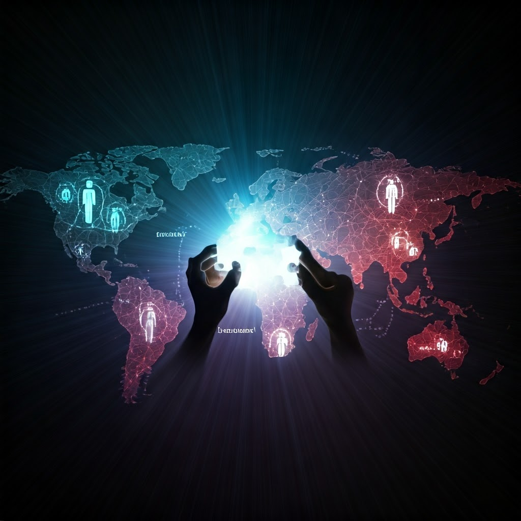 Glowing lines link diverse silhouettes worldwide as two hands fit together puzzle pieces labeled Data and Inclusion.