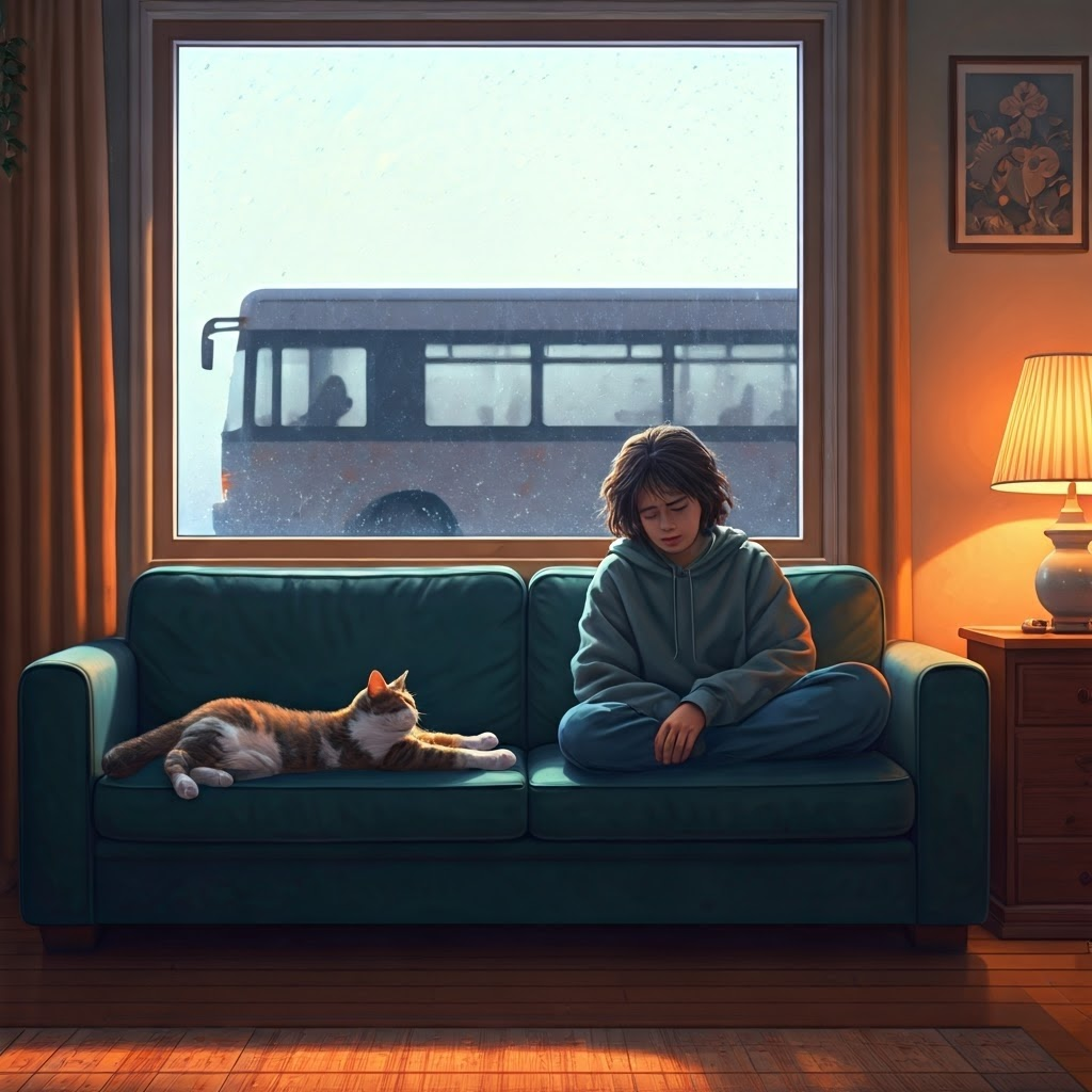 Person and cat relaxing in living room illustrate everyday inertia as bus waits outside