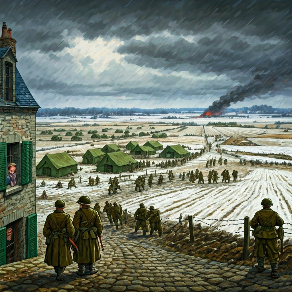 Wartime collage showing Allied, French, and Soviet forces under tense skies, symbolizing Europe’s strain and determination in 1944.
