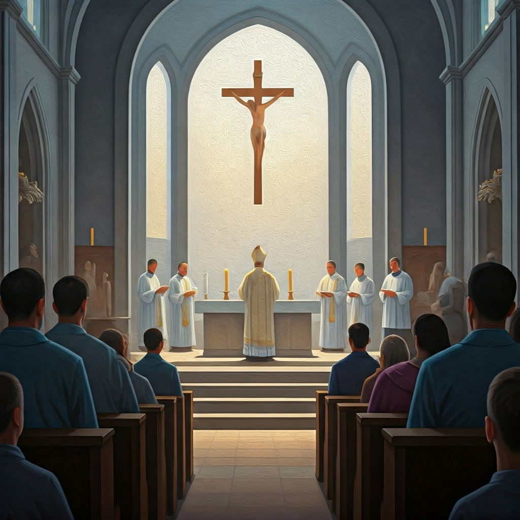 A simple modern church interior where a bishop faces an engaged congregation, illustrating Vatican II reforms.