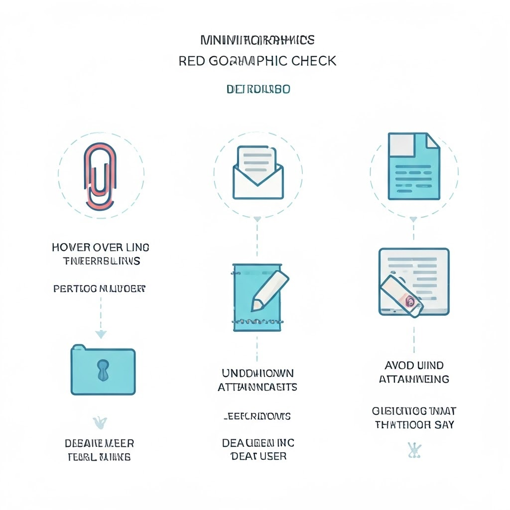 A simple infographic shows icons for links, attachments, and greetings, guiding users to hover, avoid, and question.