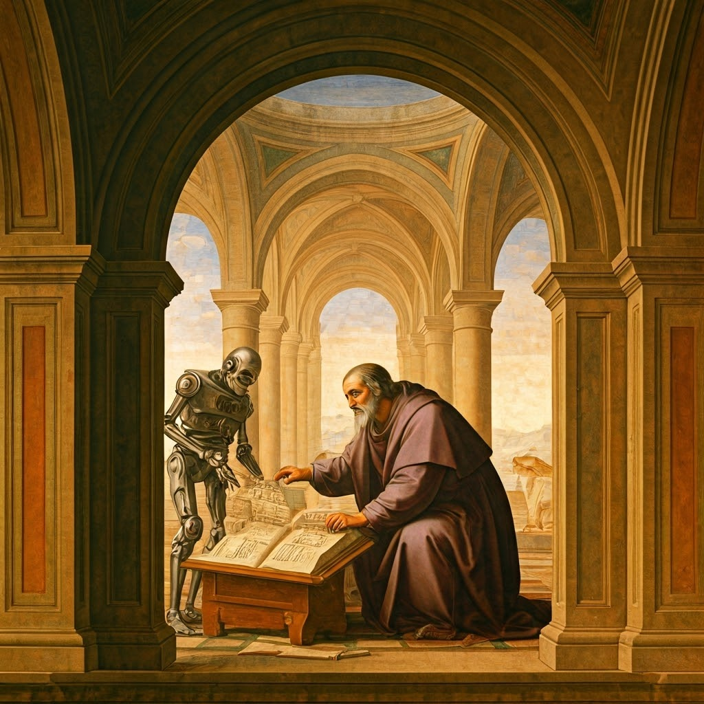 Renaissance fresco of a scholar guiding a robot through scrolls