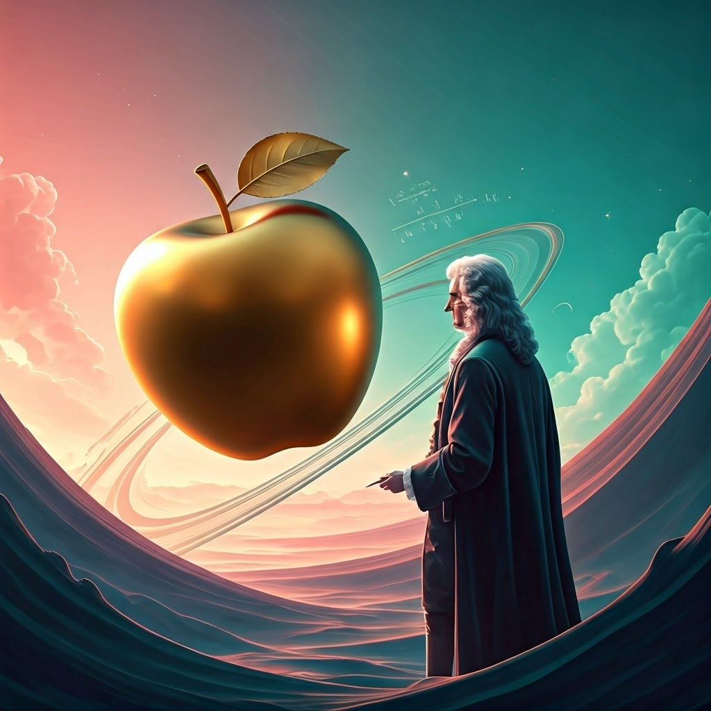 Whimsical scene linking Newton’s apple with celestial mechanics to illustrate universal gravity.