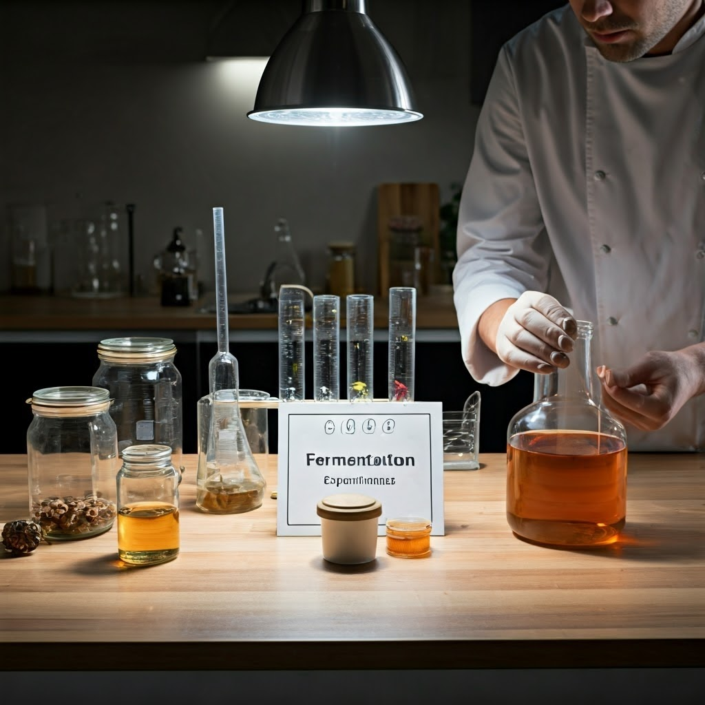 Modern kitchen lab with jars and flasks labeled “Fermentation Experiments,” chef-scientist handling sample