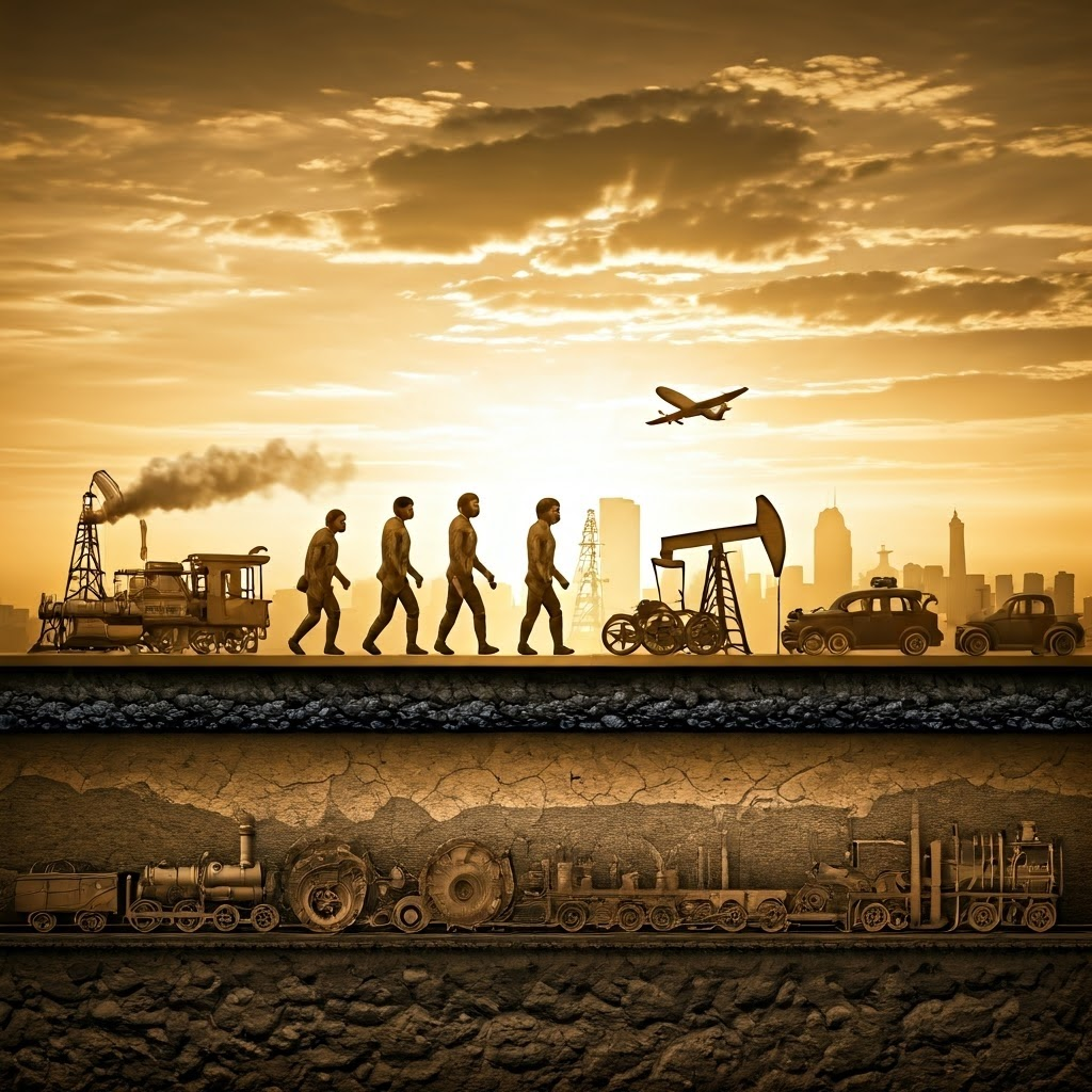 Collage showing coal seams, steam engines, oil derricks, trains, and a glowing city skyline