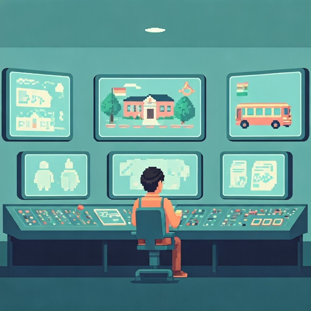 Pixel-art control room where avatars design accessible schools, buses, and policies—interactive planning for fairness.