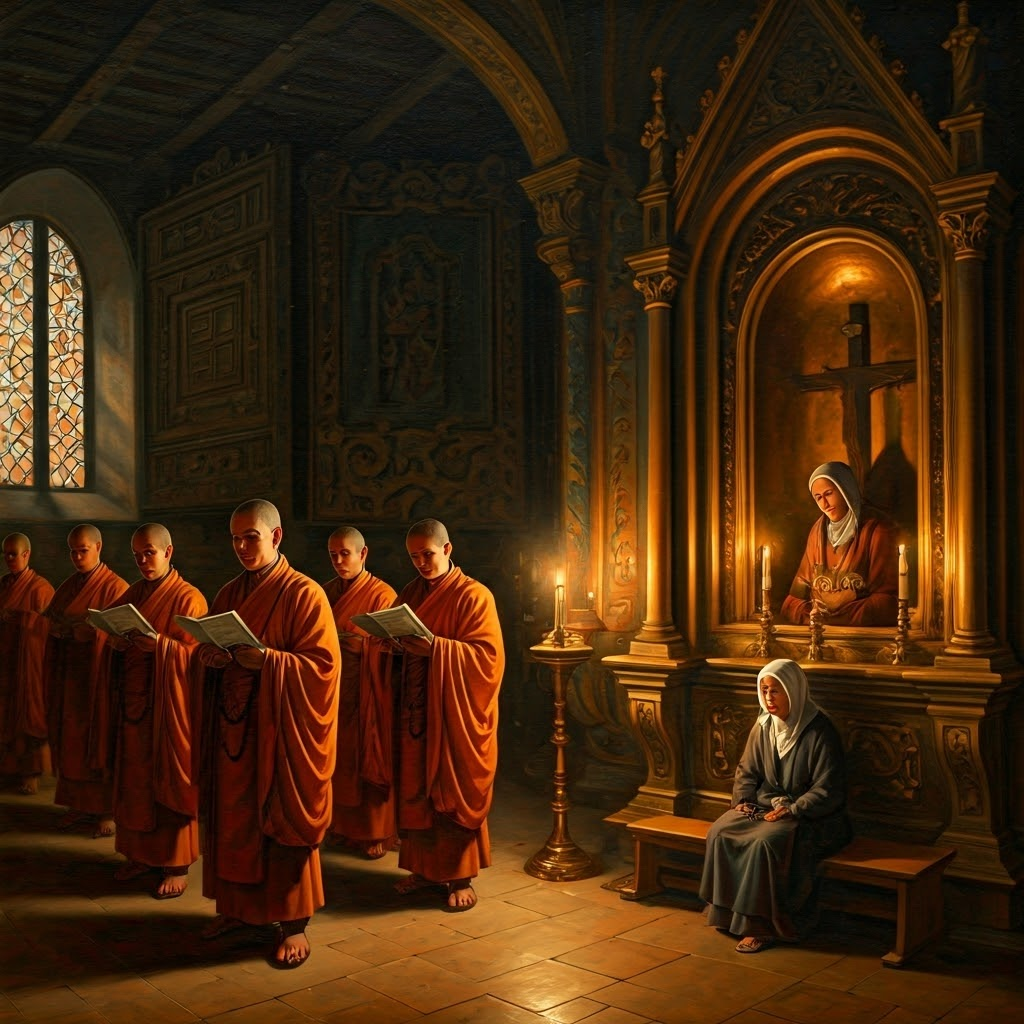 Monks chant by candlelight while a woman crosses herself in a golden church, linking different faiths through shared repeated gestures.