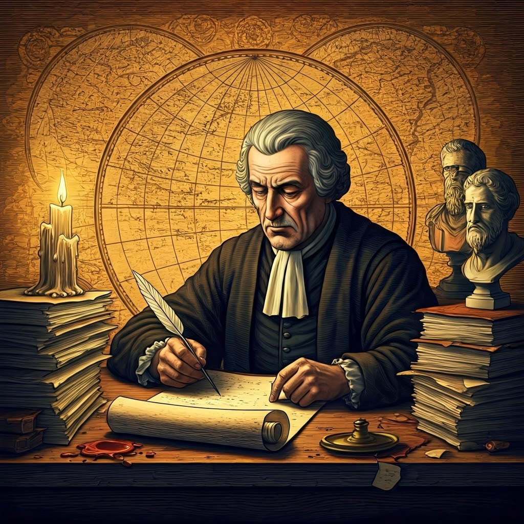 Jurist studies scrolls by candlelight beside marble busts of Gaius and Ulpian