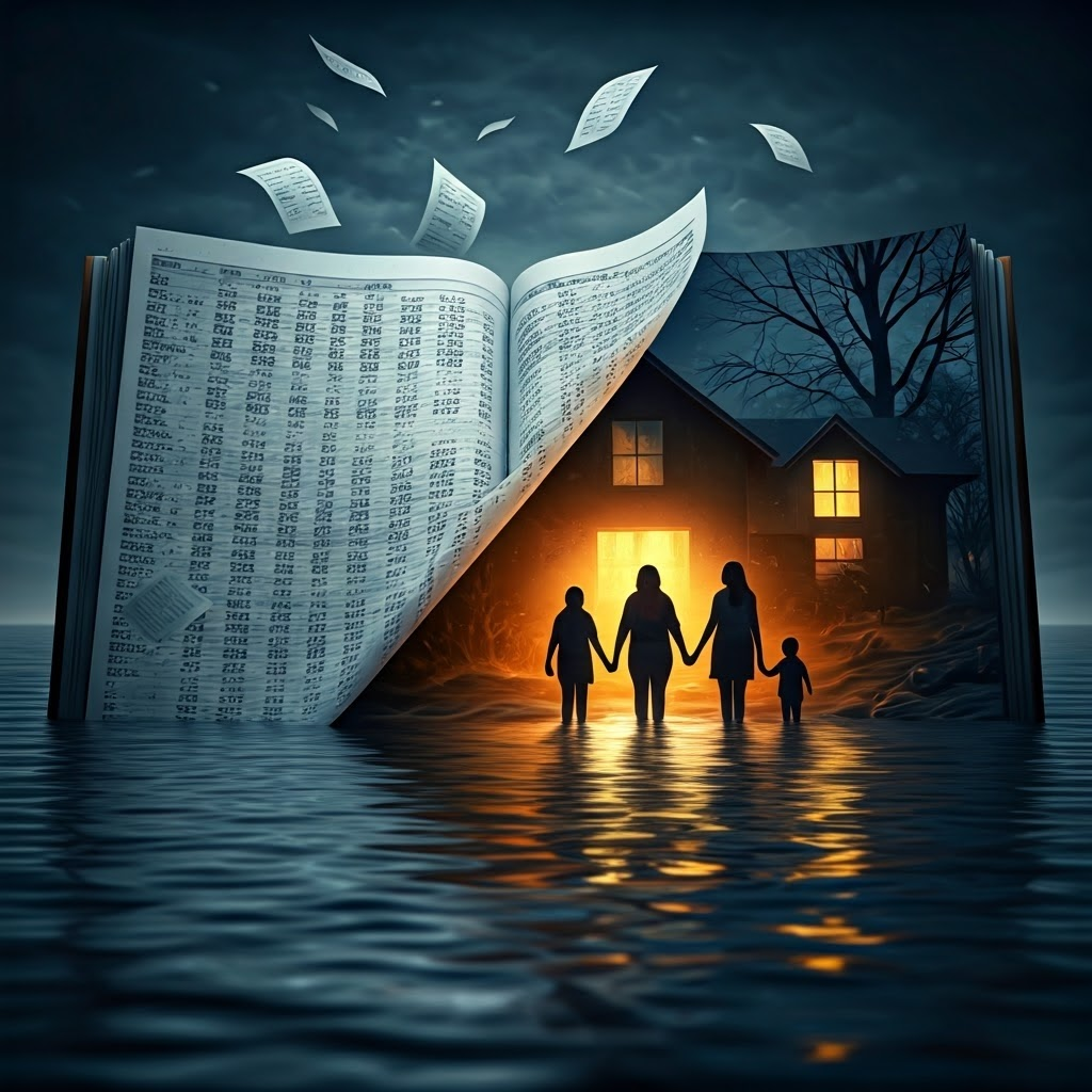 Gray spreadsheets dissolving into a vibrant family scene after a flood, contrasting data with human impact.