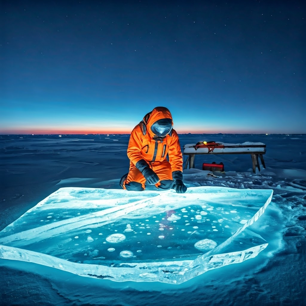 A researcher inspects newborn sea ice under an aurora glow, bubbles sparkling inside clear crystals—revealing the dynamic surface of a frozen ocean.