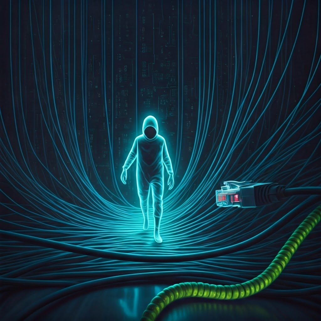 Ghostly virus slipping through glowing data strands while a neon-green worm crawls along a cable, symbolizing digital threats in a dreamlike tech fantasy scene.