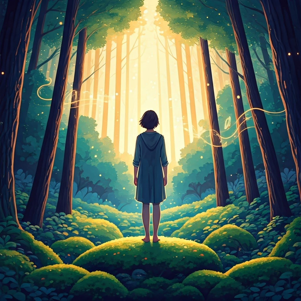 A lone seeker standing in a twilight forest, eyes closed as gentle light and faint musical notes surround them, symbolizing quiet wonder and inner peace.