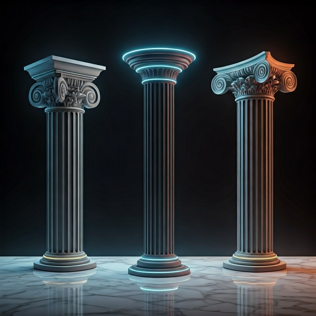 Three monumental columns on a marble platform: sturdy Doric, slender Ionic with scrolls, and ornate Corinthian with acanthus leaves under cool light.