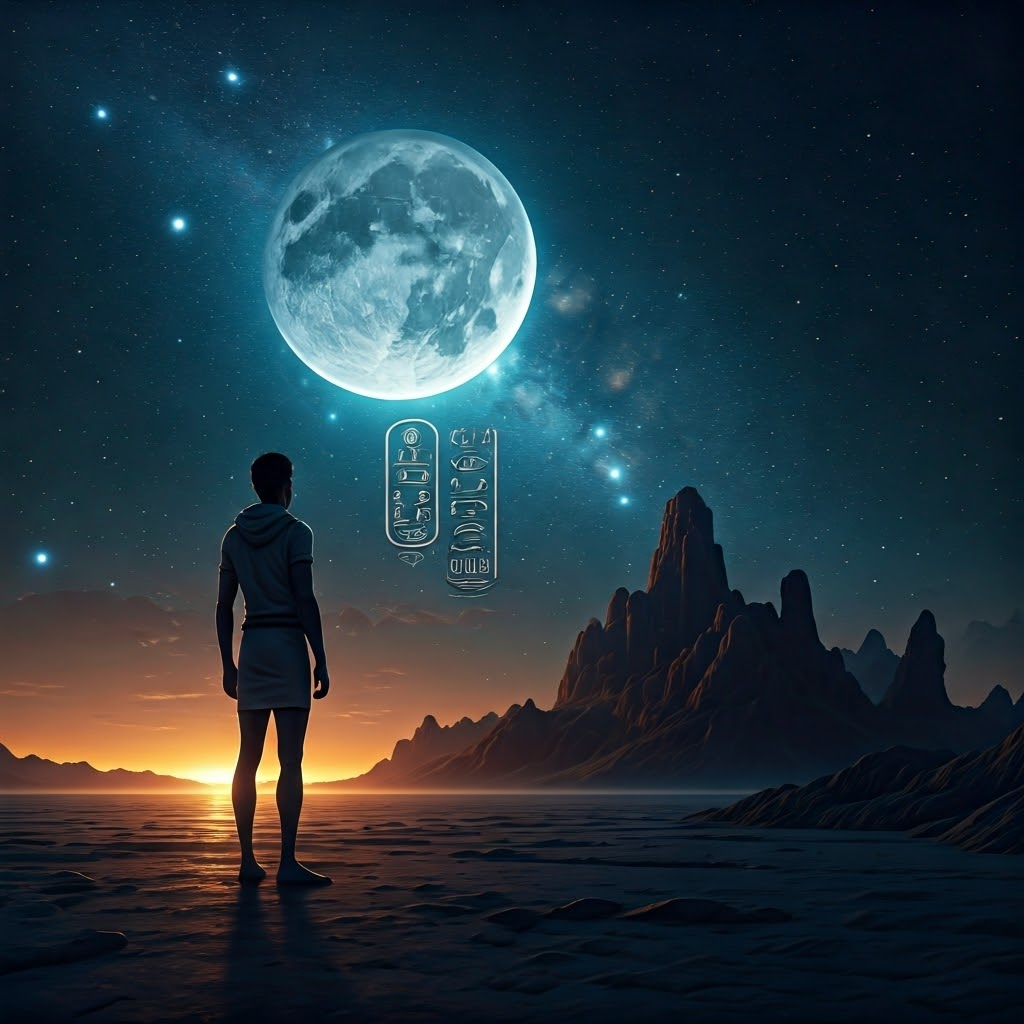 Modern figure gazing at a starry sky alongside faint ancient symbols, bridging past and present