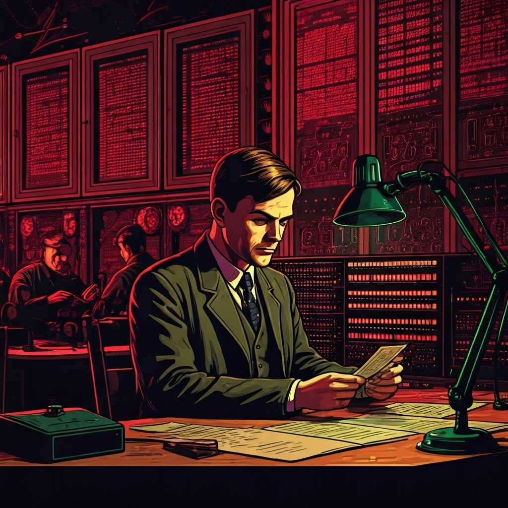 Alan Turing studies punch cards in a wartime code room filled with clacking machines and urgent energy.