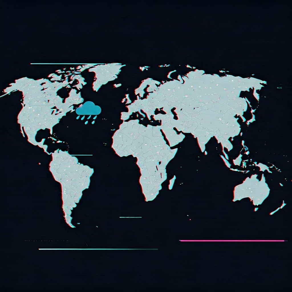 Glitch world map with shifting weather icons, visualizing unstable global climate patterns