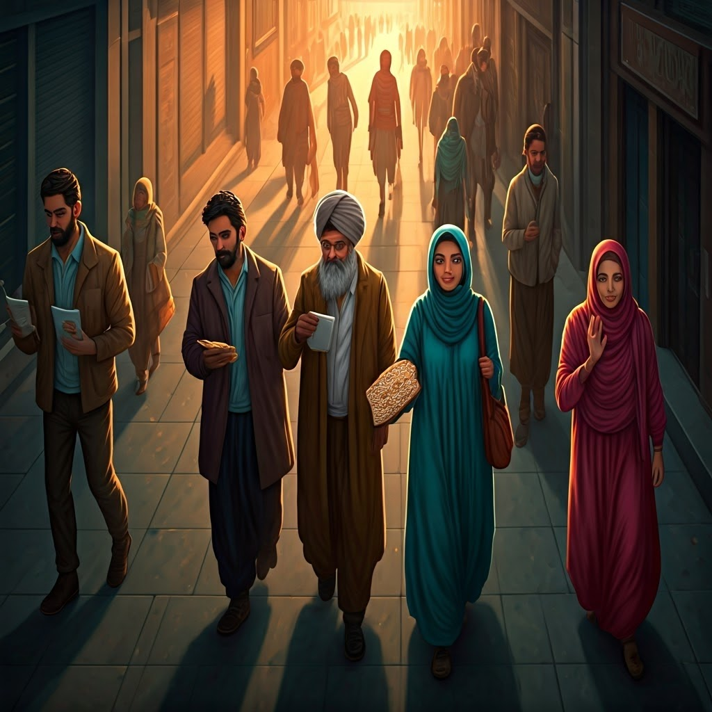 Overhead view of a bustling city street where people of many faiths walk side by side at midday, illustrating everyday religious diversity.