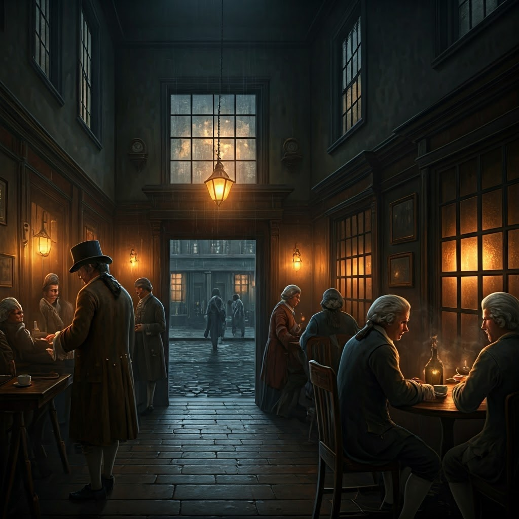 Warm, bustling 1720 London coffeehouse where people of all classes swap news and debate as rain slicks the cobblestones outside