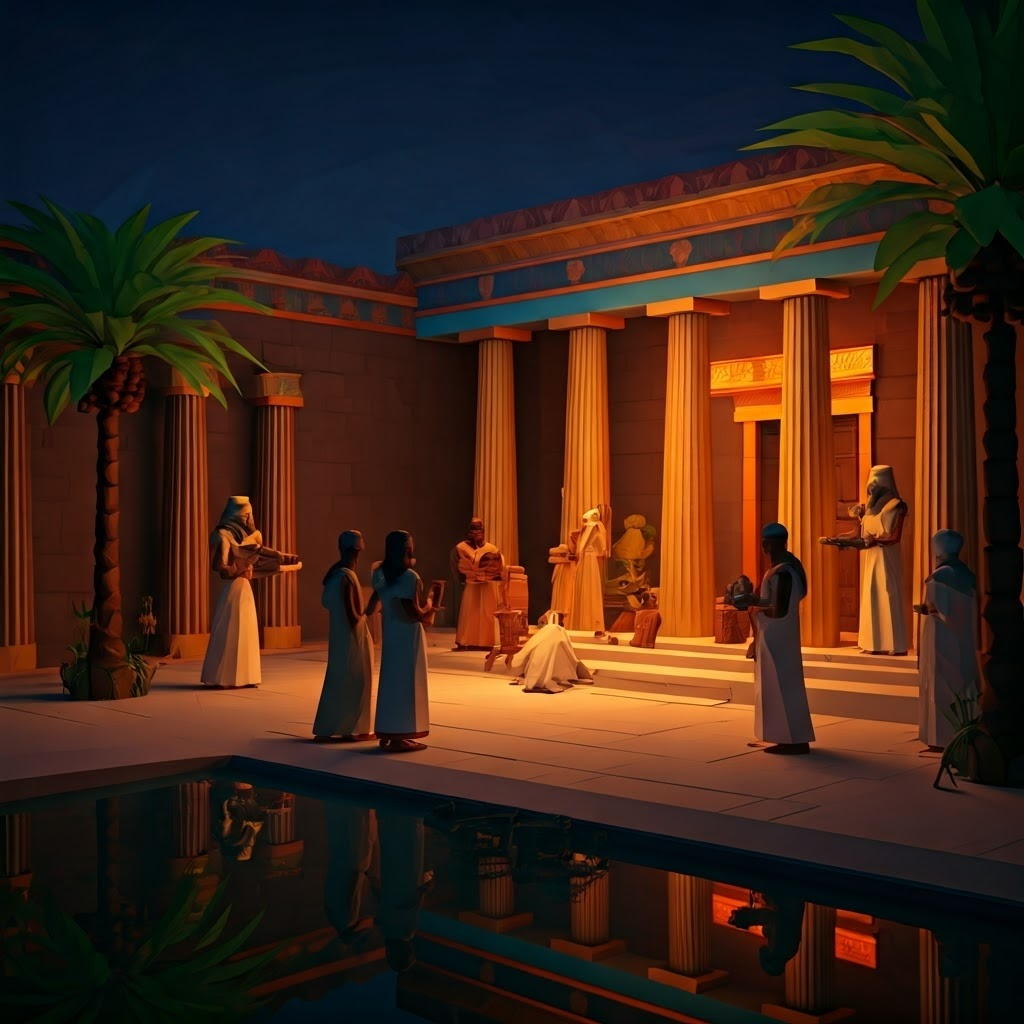 Ptolemaic rulers providing scrolls and resources to visiting scholars, highlighting royal patronage of research.