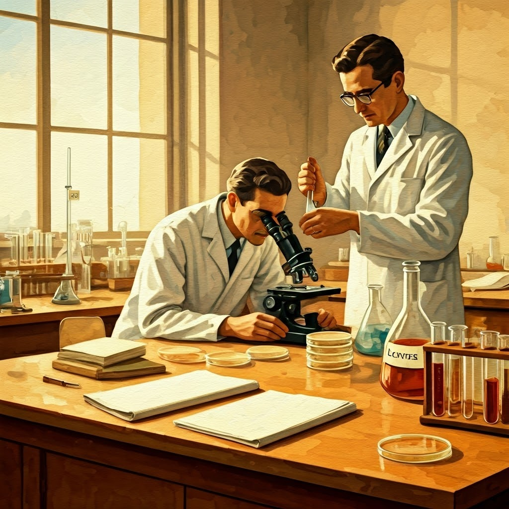 1950s lab scene with two scientists studying E. coli and lactose metabolism