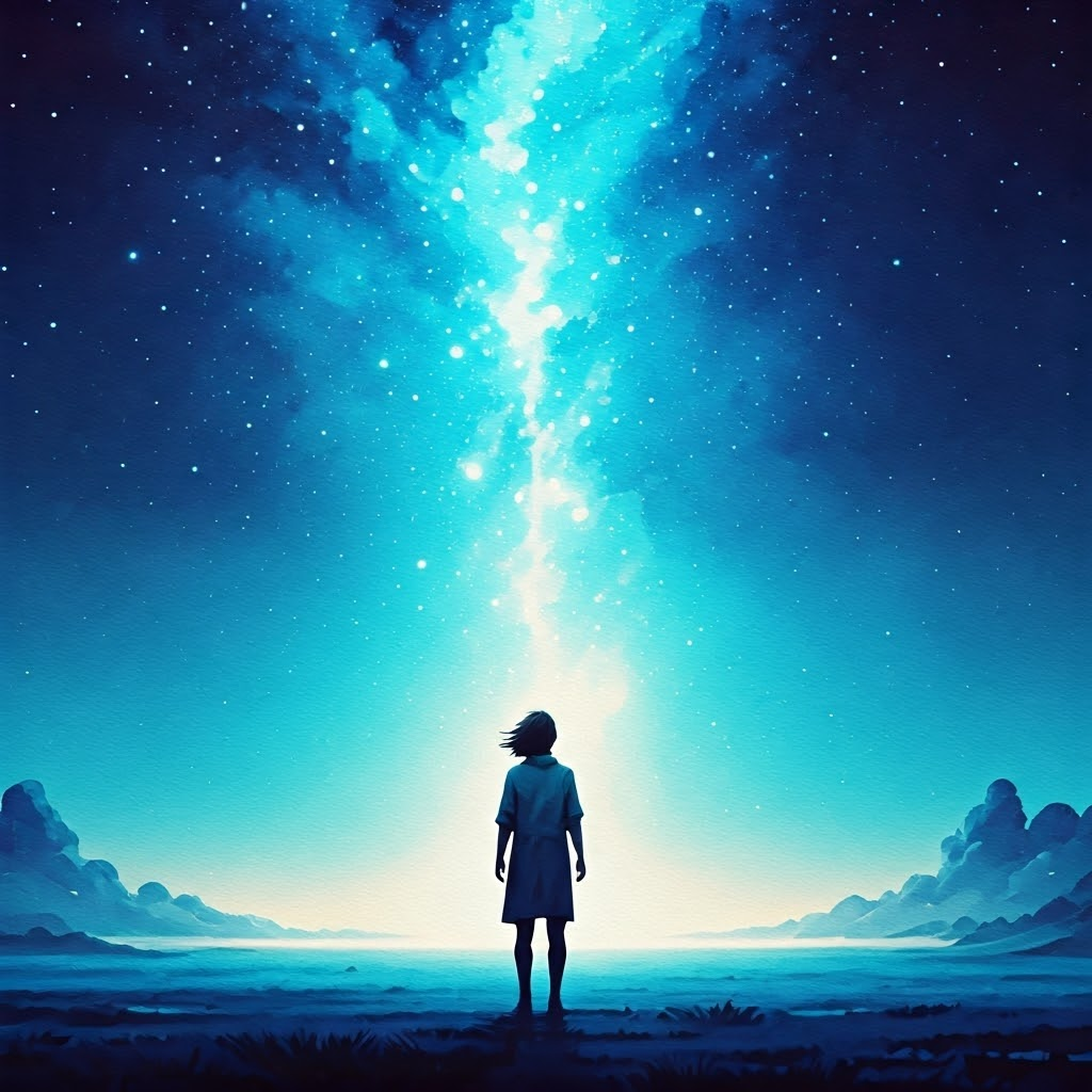 A figure gazing at the stars, reflecting unstoppable curiosity and the quest for understanding