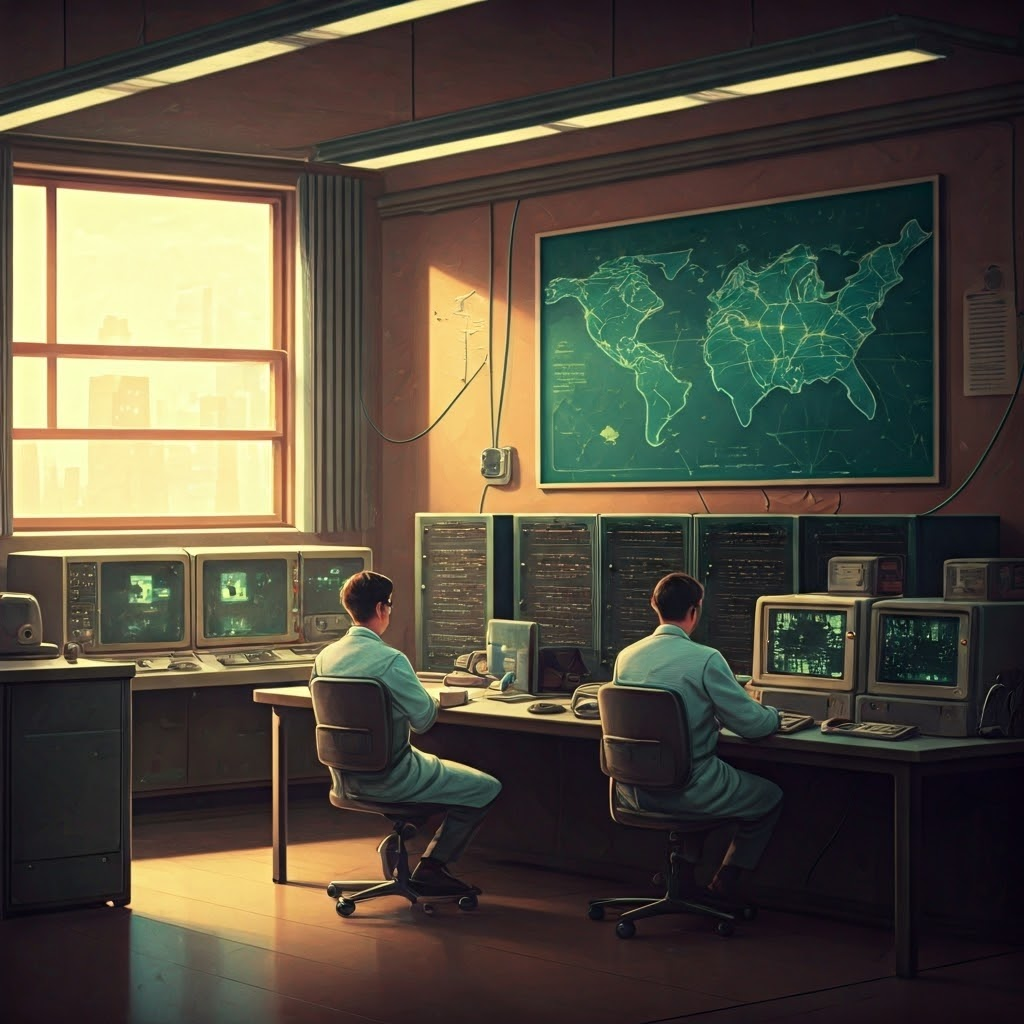 1960s lab scene showing researchers wiring the first ARPANET node while a glowing map links computers across the US.