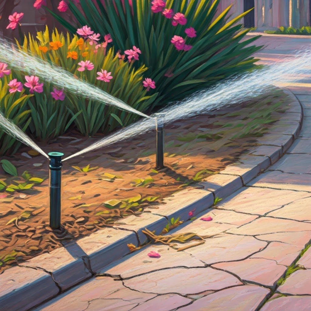 Pastel drawing of broken sprinklers spraying dust on a wilted garden, highlighting local water shortages