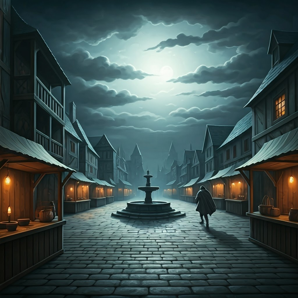 Deserted medieval marketplace under pale moonlight with a lone traveler hurrying away