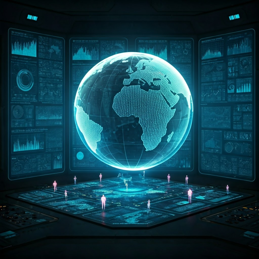 Futuristic control room with holographic globe and data grids, representing complex scenario analysis.