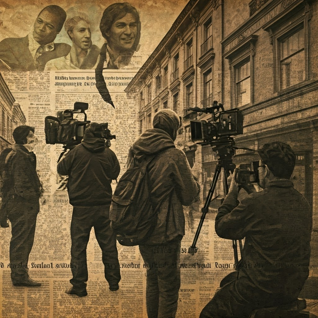 Collage of reporter, film crew, candid photographer, and historic headlines—showing realism’s lasting influence on media