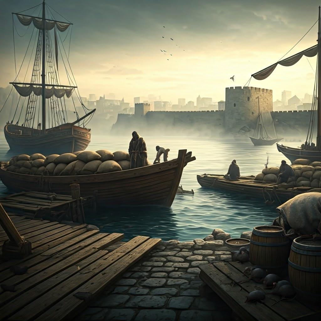 Morning at a bustling Black Sea port where a plague-ridden corpse is flung over the walls while sailors unload cargo