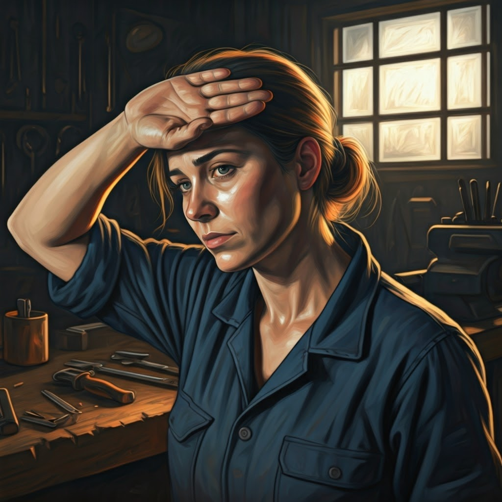 Female factory worker wiping sweat under warm light—spotlighting dignity amid exhaustion