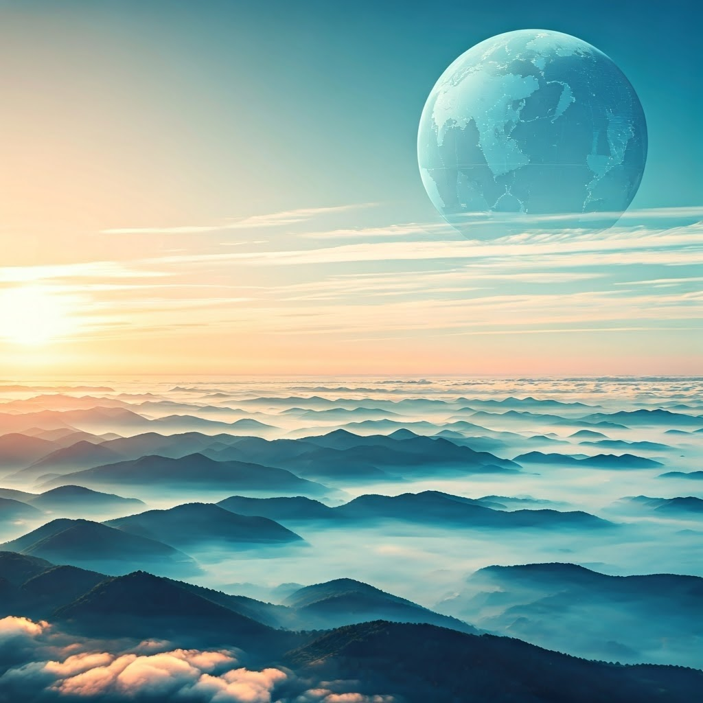 Watercolor landscape blending a simplified map with a detailed satellite view to show broad patterns versus fine details.