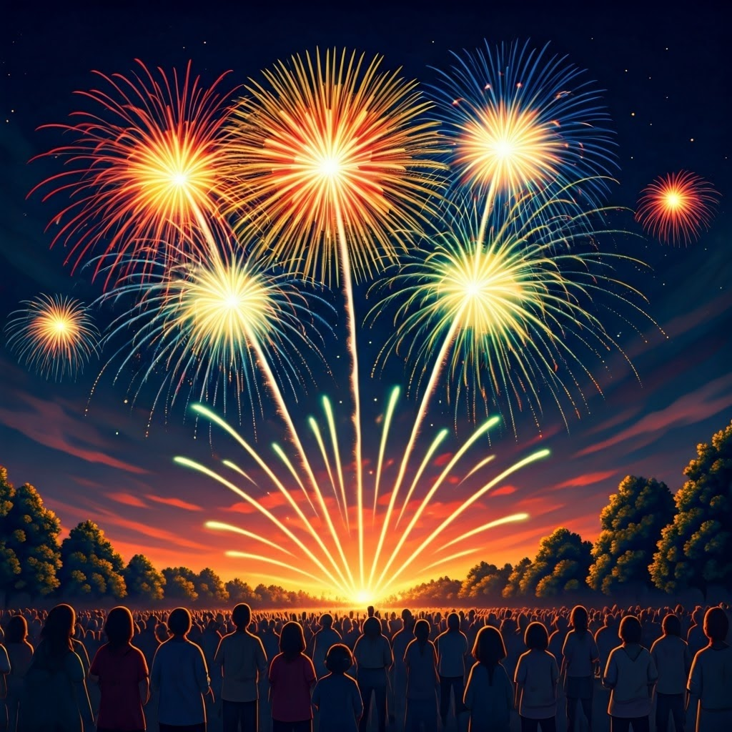 Night-time fireworks burst in yellow, blue-green, and red, each color hinting at distinct atomic signatures