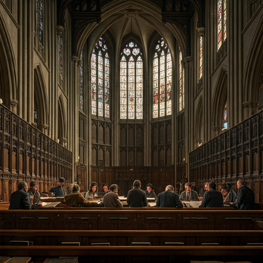 Circle of people from many faiths study an aged document in a church hall bathed in stained-glass light, illustrating Nostra Aetate’s spirit.