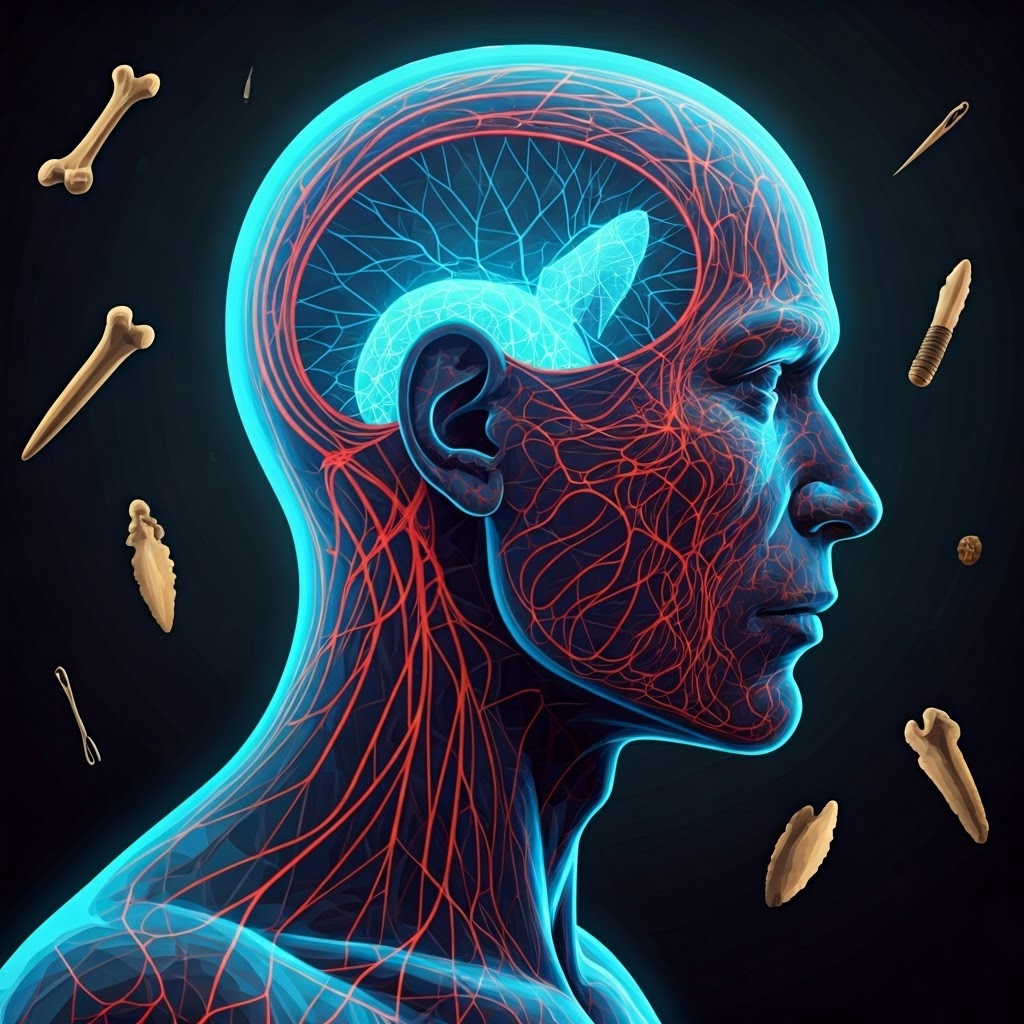 Abstract silhouette of Homo sapiens filled with glowing neural links and tiny bone tools.