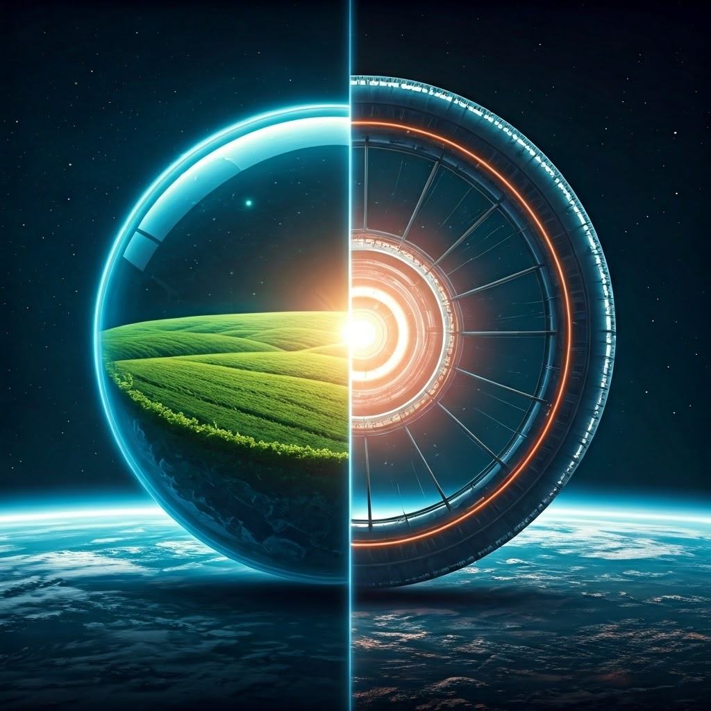Split image of transparent sphere and wheel-shaped torus in orbit