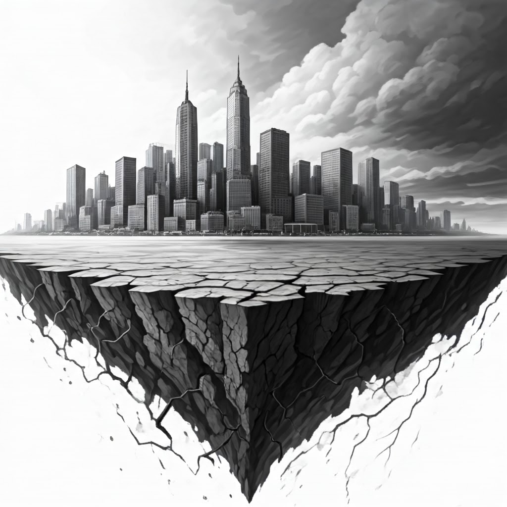 Charcoal city half-submerged in floodwater and half cracked by drought, showing two extremes side by side