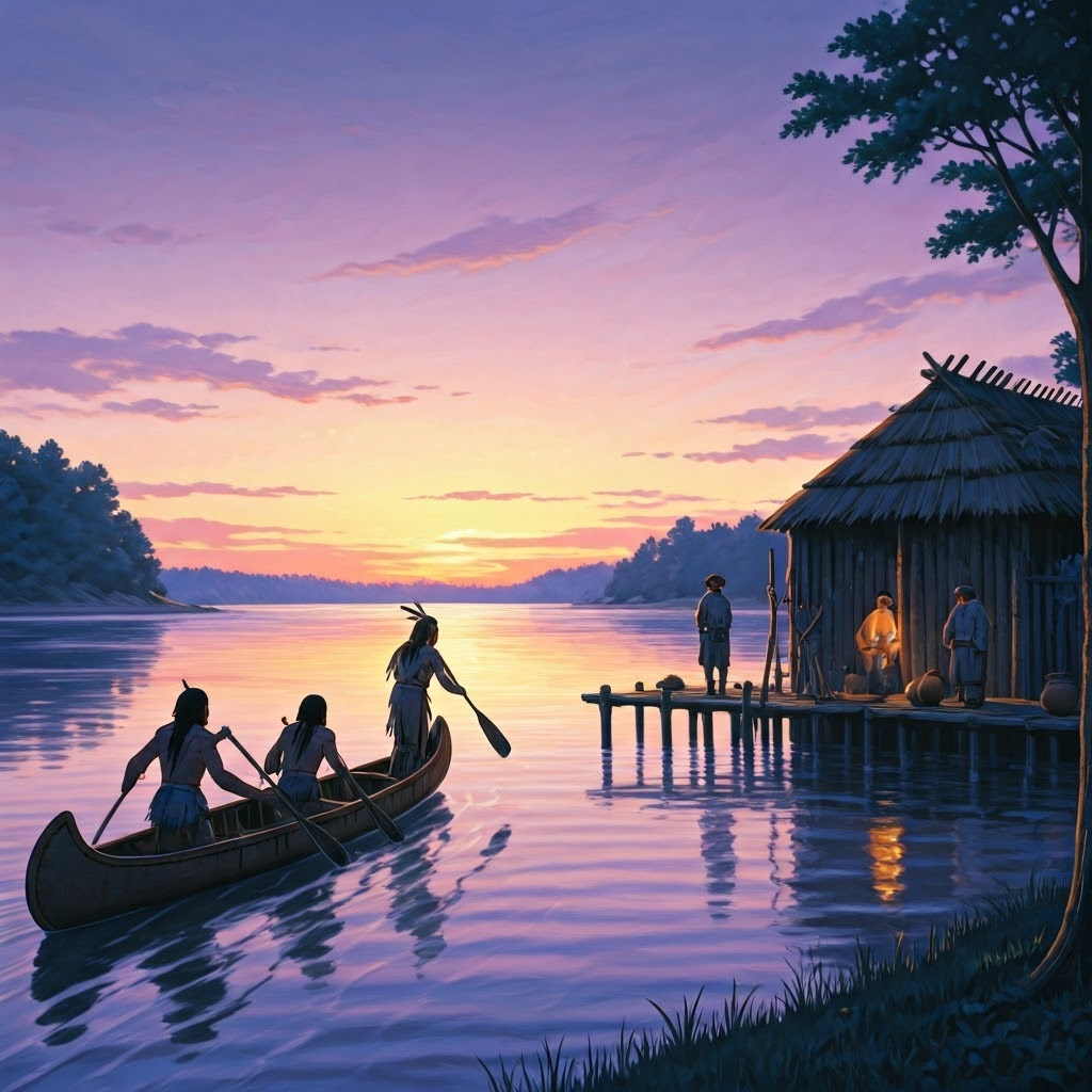 Powhatan canoeists deliver corn to a fragile English fort at dusk, reflecting a strategy of calculated generosity.