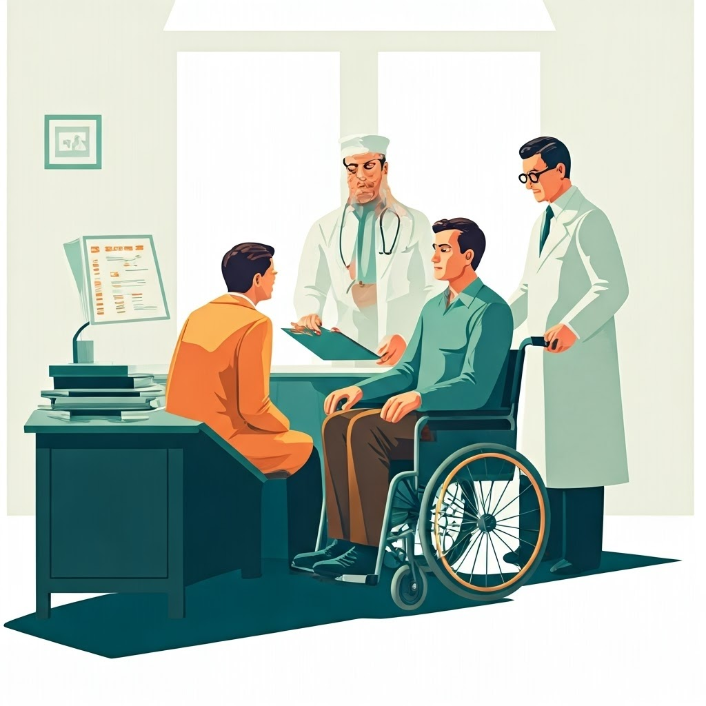 A stern doctor examines a wheelchair user in a bright white office, emphasizing clinical detachment and focus on defects.